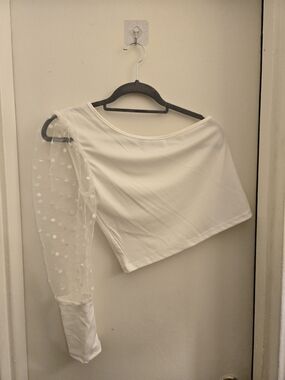 SHEIN White One-Shoulder Top with Sheer Polka-Dot Sleeve